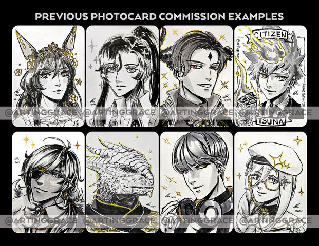 Traditional photocard commissions (ink, markers, gold/silver ink)