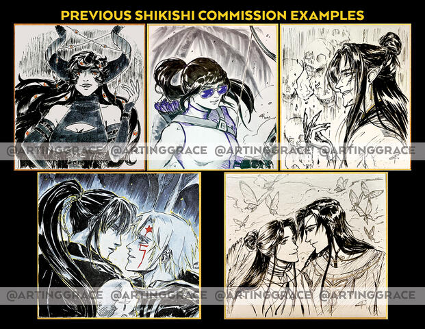 Traditional shikishi commissions (ink, markers, gold/silver ink)