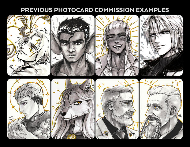 Traditional photocard commissions (ink, markers, gold/silver ink)