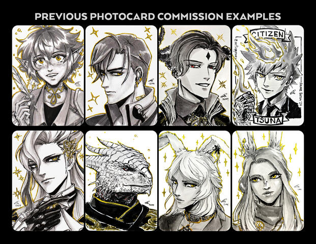 Traditional photocard commissions (ink, markers, gold/silver ink)